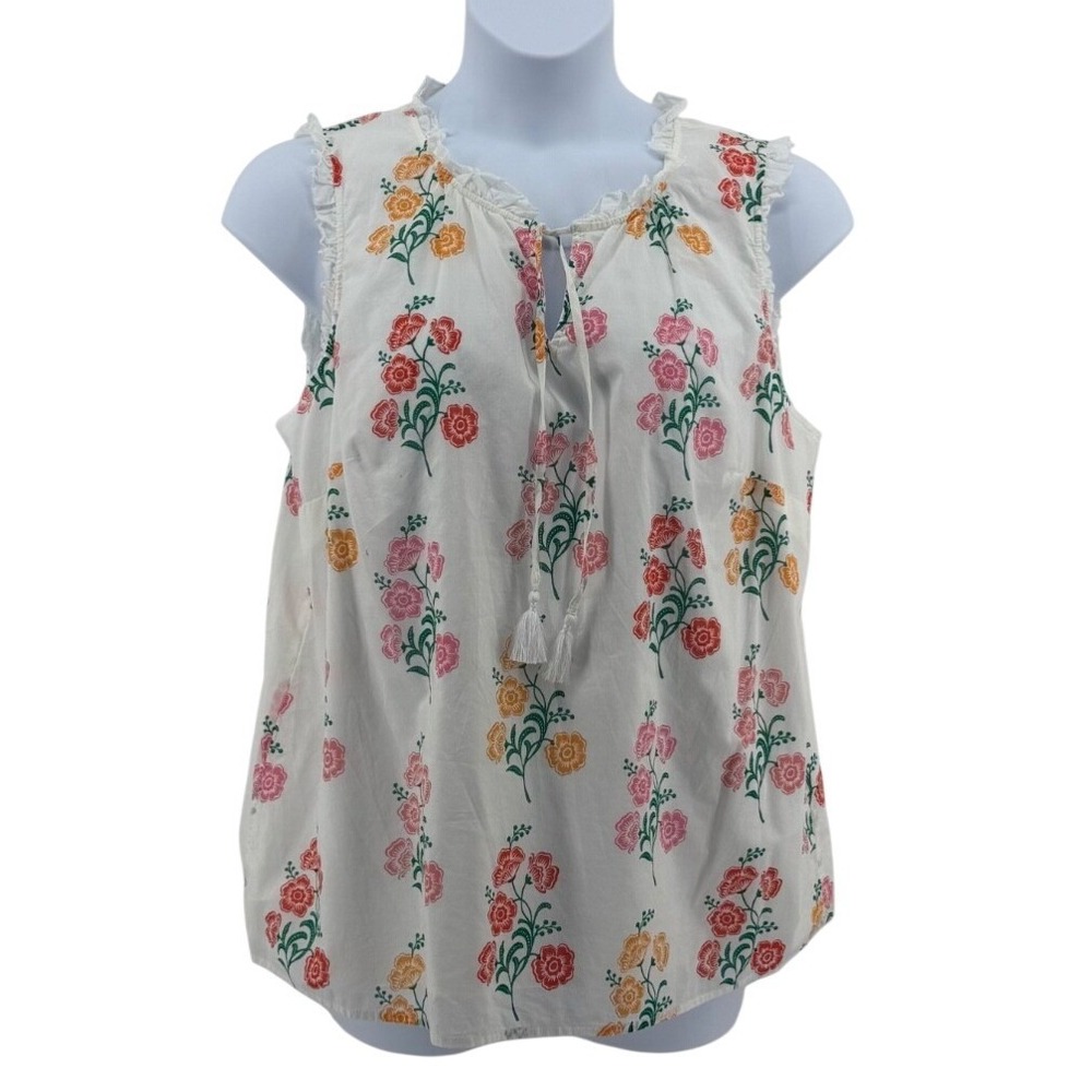 Talbots Plus Floral‎ Cotton Peasant Top Women 1X Sleeveless Tassel Boho Blouse